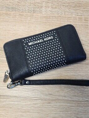 MICHAEL KORS Saffiano Studded Black Leather Silver Wristlet Zip Wallet Clutch